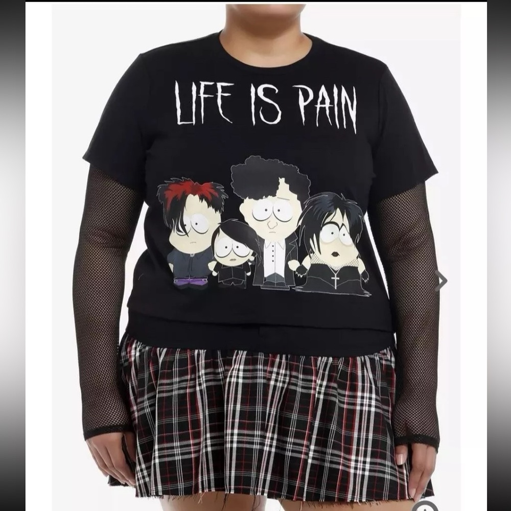 South Park Goth Kids Fishnet Graphic Tee Shirt 5XL Hot Topic Life Is Pain Adult